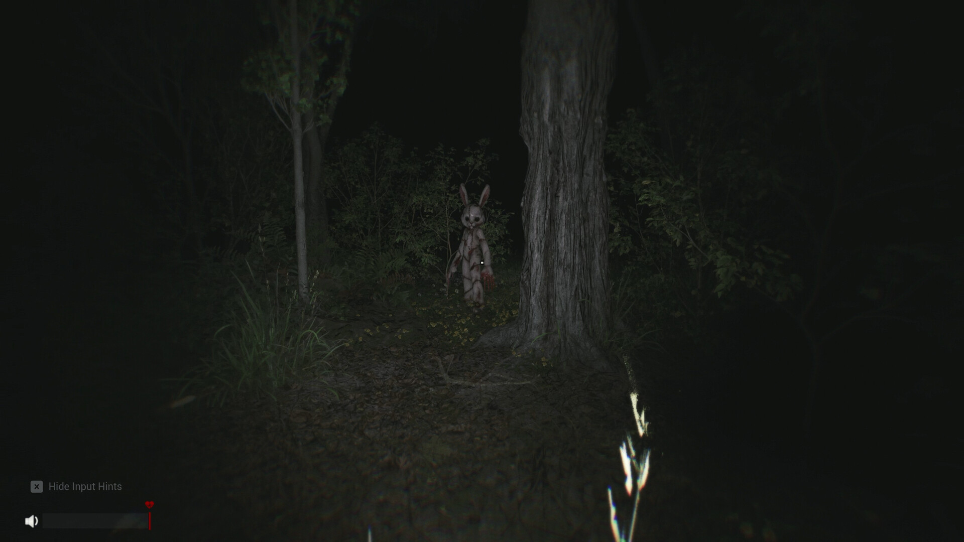 A flashlight beam sweeping the dark night forest where raised voices are dangerous
